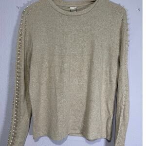 H&M Sweater Pullover Pearl Beaded Sleeve Soft Chic Quiet Luxury Oatmeal Womens S